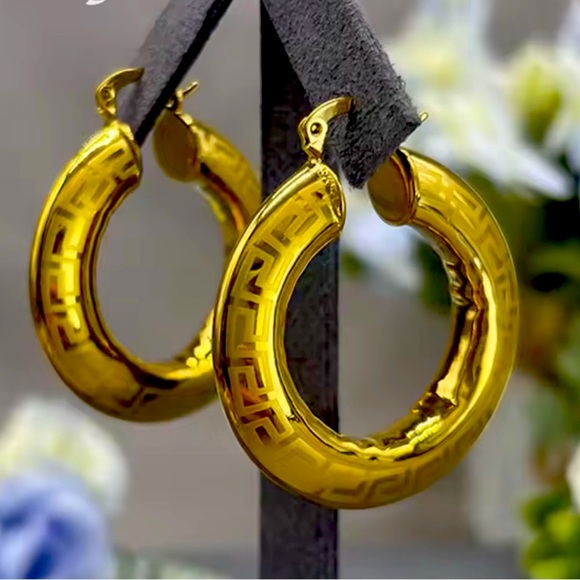 24kt Gold Plated Greek Key Hoop Earrings - Picture 1 of 3